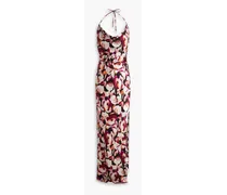 Lucinda draped floral-print silk-satin halterneck maxi dress - Burgundy