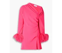 One-shoulder feather-embellished draped crepe mini dress - Pink