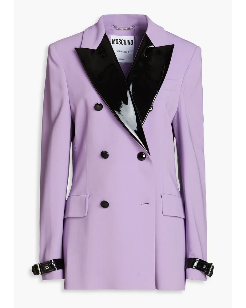 Double-breasted faux patent-leather trimmed crepe blazer - Purple