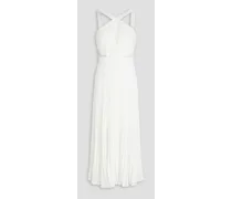 Guipure lace-paneled pleated crepe midi dress - White