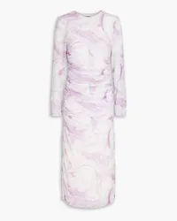 Ganni Ruched printed mesh midi dress - Purple Purple