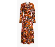 Lea shirred floral-print silk crepe de chine midi dress - Brown