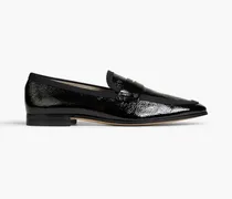 Grosgrain-trimmed crinkled patent-leather loafers - Black