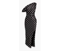 Calantha one-shoulder polka-dot satin midi dress - Black