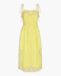 Zimmermann Pleated guipure lace and linen midi dress - Yellow Yellow