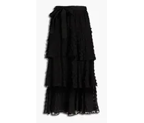 Embroidered tiered georgette midi skirt - Black