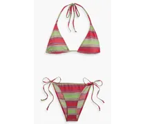 Striped cotton-blend triangle bikini - Red