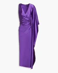 Badgley Mischka Asymmetric ruched satin-crepe midi dress - Purple Purple