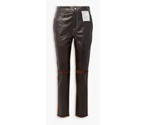 Suede-trimmed leather straight-leg pants - Brown