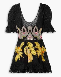 Etro Ruffled appliquéd cotton-blend lace and crepe de chine mini dress - Black Black