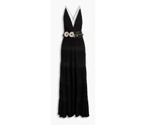 Gathered lace-paneled silk-crepe gown - Black
