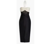 Embellished lace-trimmed linen-blend halterneck midi dress - Black