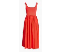 Stretch-knit paneled stretch-cotton poplin midi dress - Red