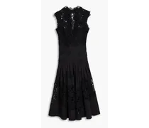 Macramé lace-paneled stretch cotton-poplin midi dress - Black