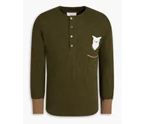 Embroidered cotton-jersey Henley T-shirt - Green
