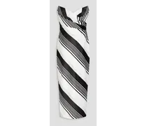 Strapless draped striped satin-jacquard midi dress - White