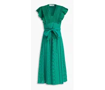 Poplin-paneled broderie anglaise cotton midi dress - Green