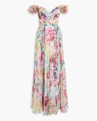 Marchesa Off-the-shoulder pleated printed chiffon gown - Multicolor Multicolor