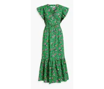 Greta gathered floral-print cotton-blend poplin midi dress - Green