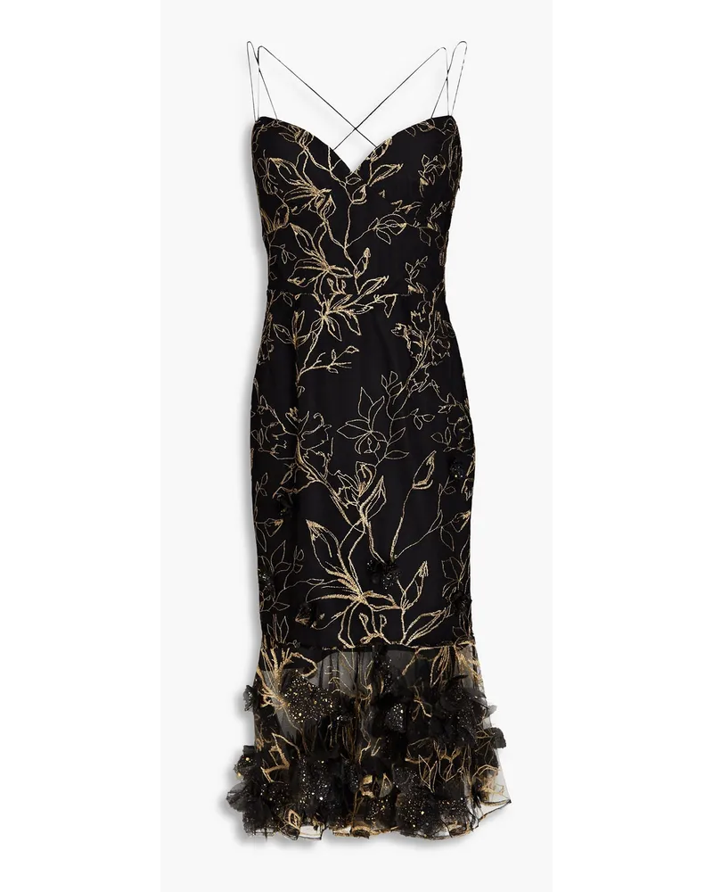 Floral-appliquéd embroidered tulle dress - Black