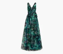 Wrap-effect floral-print organza gown - Green