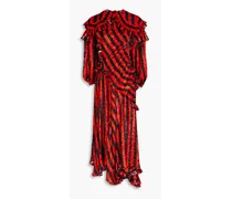 Ruffled striped devoré-chiffon midi dress - Red