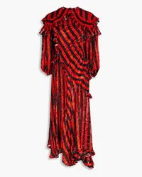 Preen Ruffled striped devoré-chiffon midi dress - Red Red