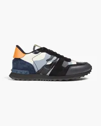 Valentino Garavani Rockstud camouflage-print faux leather and suede sneakers - Blue Blue