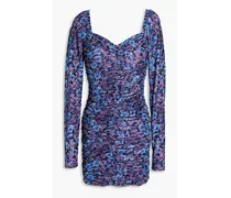 Ruched floral-print mesh mini dress - Blue