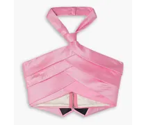 Cropped pleated satin-twill halterneck top - Pink