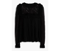 Pleated corded lace-paneled silk-blend top - Black
