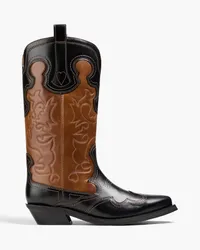 Ganni Embroidered two-tone leather cowboy boots - Brown Brown