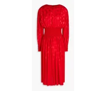 Shirred polka-dot silk-jacquard midi dress - Red