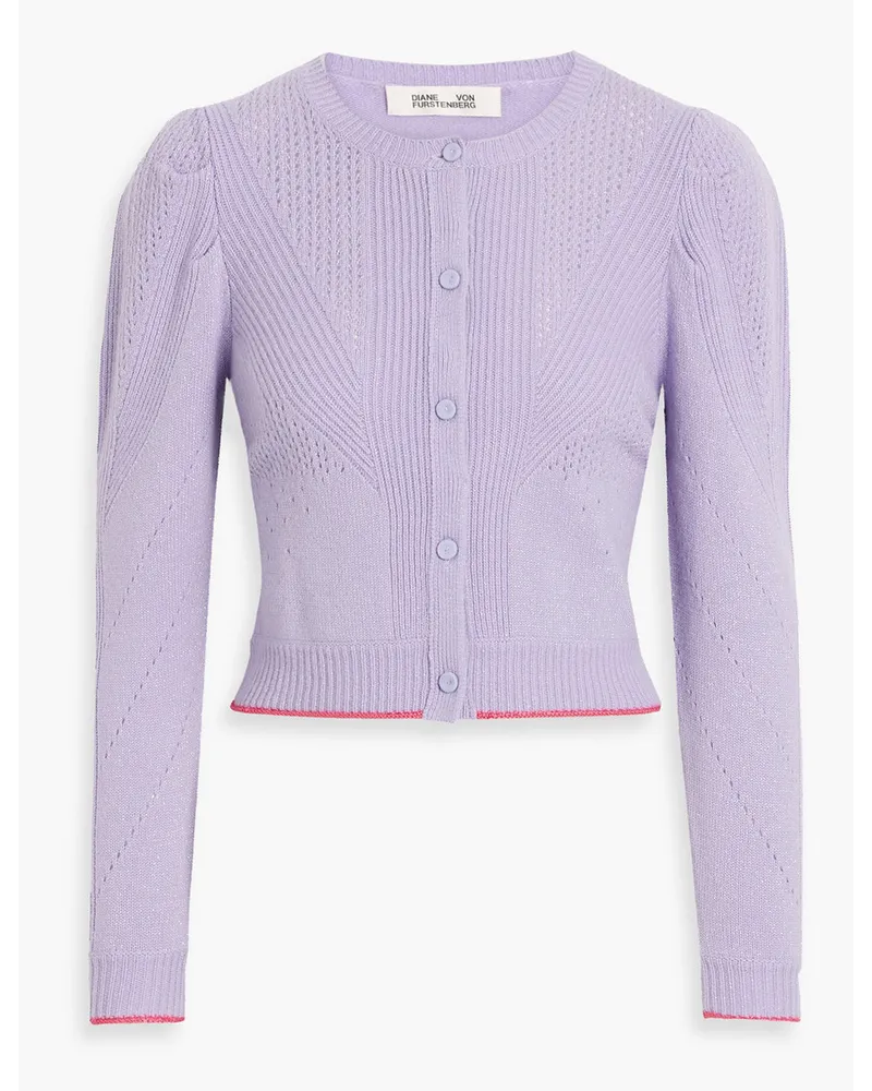 Timmy metallic ribbed and pointelle-knit wool-blend cardigan - Purple