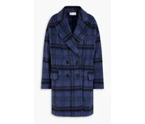 Double-breasted checked brushed wool-blend felt coat - Blue