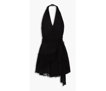Aleena wrap-effect ruffled crepon halterneck mini dress - Black