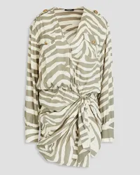 Balmain Ruched zebra-print twill mini dress - Green Green