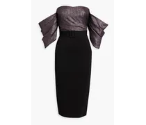 Off-the-shoulder lamé-paneled crepe midi dress - Black