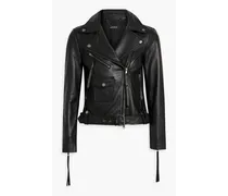 Tasseled belted leather biker jacket - Black