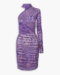 Thierry Mugler Asymmetric tie-neck printed stretch-tulle dress - Purple Purple