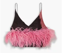 Feather-embellished cropped satin-twill camisole - Pink