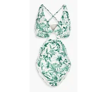 Marisol cutout ring-embellished printed swimsuit - Green