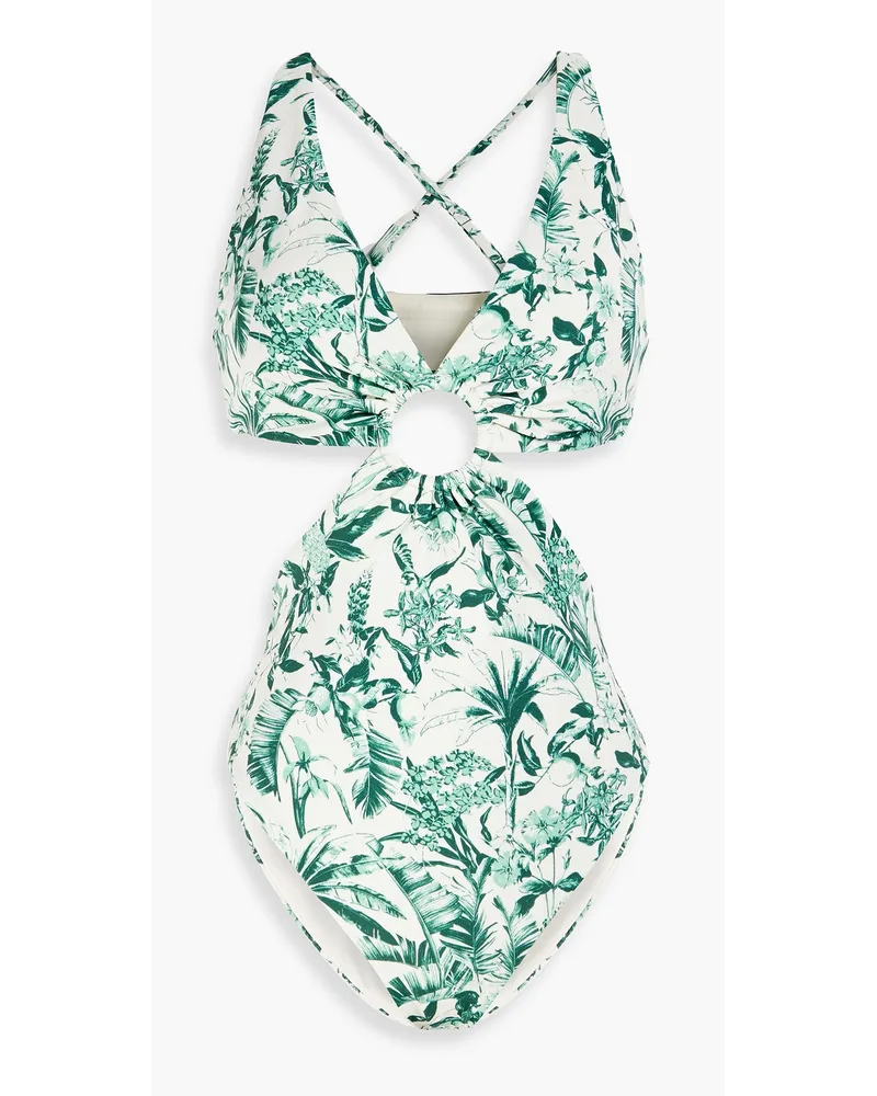 Marisol cutout ring-embellished printed swimsuit - Green
