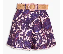 Bead-embellished paisley-print linen shorts - Purple