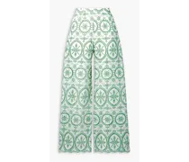 Brigid scalloped broderie anglaise cotton-blend wide-leg pants - Green