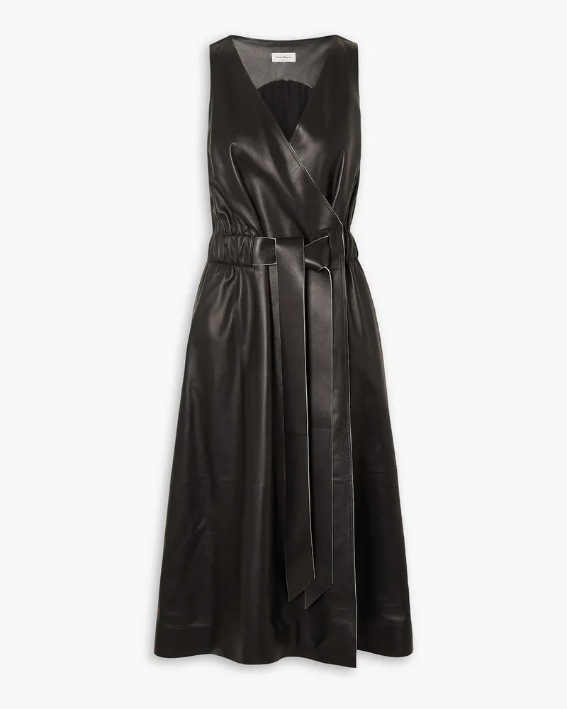 Ferragamo Ruched leather wrap midi dress - Black Black