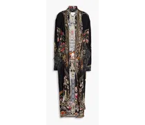 Embellished printed silk crepe de chine and jersey kimono - Black