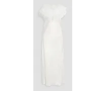 Boheme feather-trimmed satin midi slip dress - White