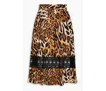 Lace-trimmed leopard-print silk crepe de chine midi skirt - Animal print