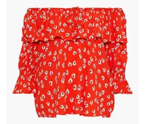 Silvery off-the-shoulder ruffled floral-print crepe top - Red